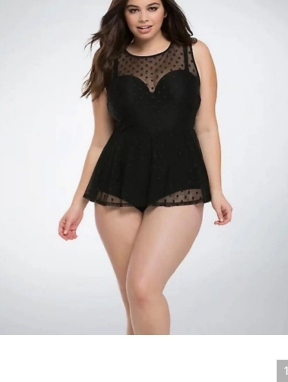 Torrid Black Polka Dot Peplum Swimsuit features a sheer mesh overlay Sz 2